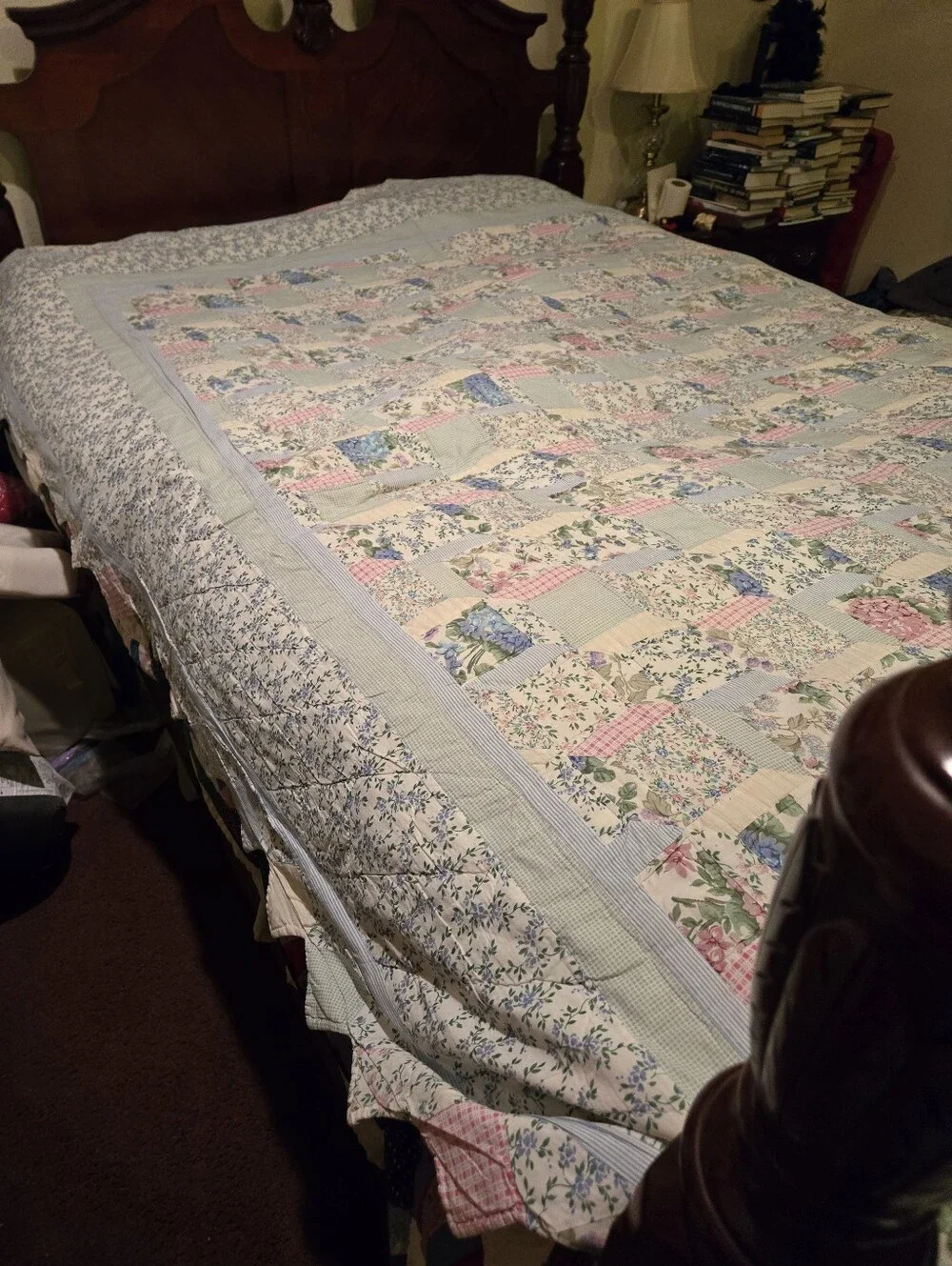 Cottage French Country style quilt Queen Sz Mach made Blue/Pink Floral 94